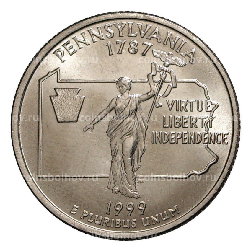 Монета 25 центов (1/4 доллара) 1999 года D США Штаты и территории — Пенсильвания