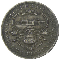 Монета 1 флорин 1927 года Австралия — Открытие здания парламента в Канберре (аверс)