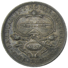 Монета 1 флорин 1927 года Австралия — Открытие здания парламента в Канберре (аверс)