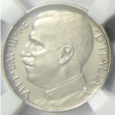 Монета 50 чентезимо 1925 года Италия  — рубчатый гурт (в слабе HHP AU 55) (аверс)