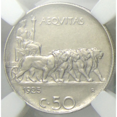 Монета 50 чентезимо 1925 года Италия  — рубчатый гурт (в слабе HHP AU 55) (реверс)