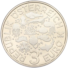 Монета 3 евро 2024 года Австрия «Светящаяся морская жизнь — Желтый скат» (реверс)