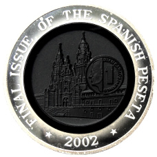 Монета 10 тала 2002 года Самаоа и Сизифо — Последний выпуск Испанской песеты (аверс)