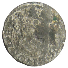 Монета Солид 1653 года Шведская оккупация Риги — королева Кристина (реверс)