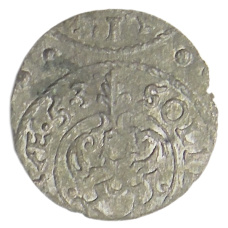 Монета Солид 1653 года Шведская оккупация Риги — Королева Кристина (реверс)