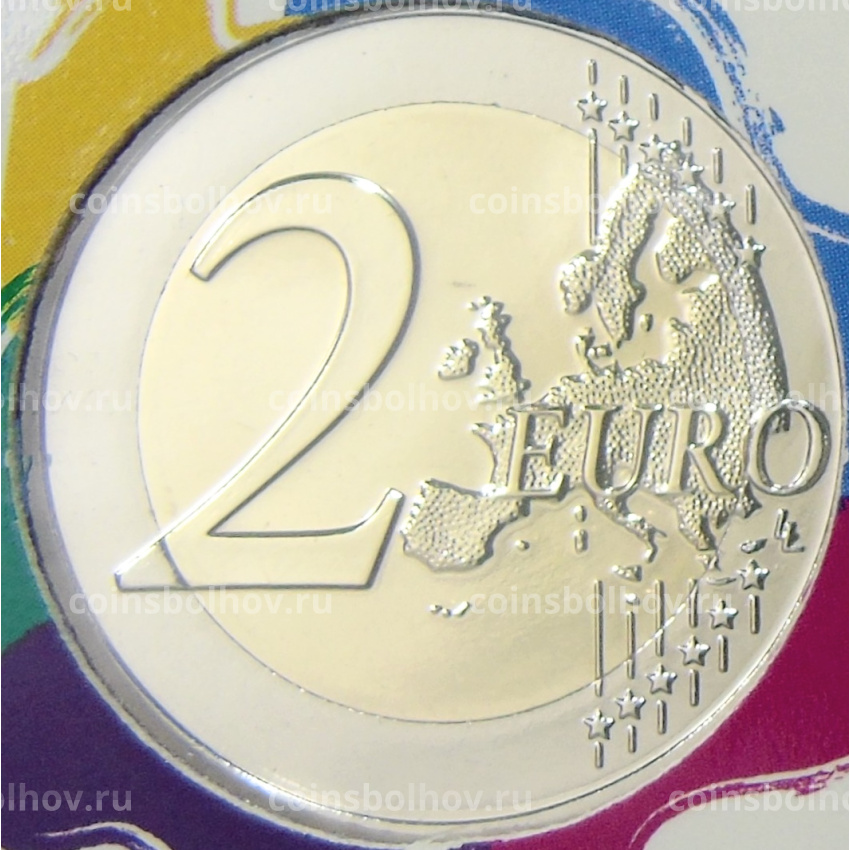 Монета 2 евро 2024 года Бельгия «Борьба с раком в Бельгии»(текст на лицевой стороне блистера на фламандском и английском) (вид 2)