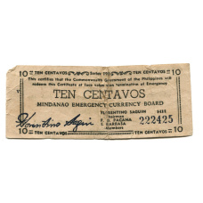 Банкнота 10 сентаво 1943 года Филиппины (Минданао, Администрация США) (аверс)