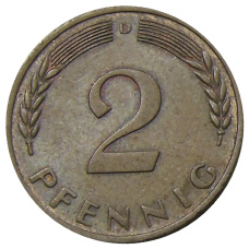 Монета 2 пфеннига 1967 года D Германия (реверс)