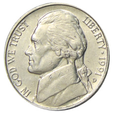 Монета 5 центов 1991 года D США (аверс)