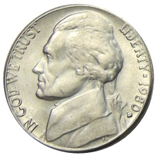 Монета 5 центов 1980 года D США (аверс)