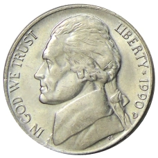 Монета 5 центов 1990 года D США (аверс)