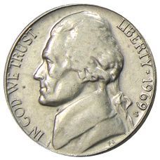 Монета 5 центов 1969 года S США (аверс)