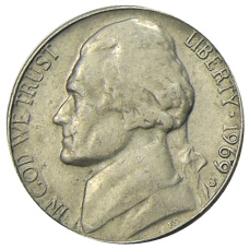 Монета 5 центов 1969 года S США (аверс)