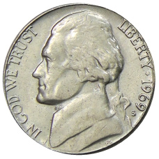 Монета 5 центов 1969 года S США (аверс)