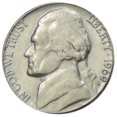 Монета 5 центов 1969 года S США (аверс)