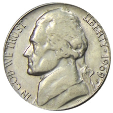 Монета 5 центов 1969 года S США (аверс)