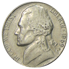 Монета 5 центов 1969 года S США (аверс)