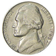 Монета 5 центов 1968 года S США (аверс)