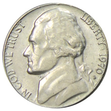 Монета 5 центов 1970 года S США (аверс)