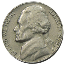 Монета 5 центов 1970 года S США (аверс)