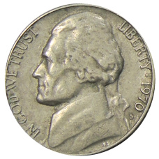 Монета 5 центов 1970 года S США (аверс)