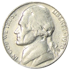 Монета 5 центов 1970 года S США (аверс)