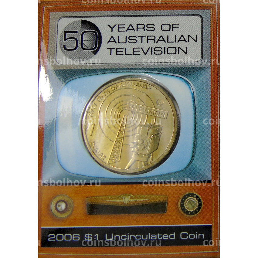 Монета 1 доллар 2006 года В Австралия «50 лет австралийскому телевидению» (в блистере)