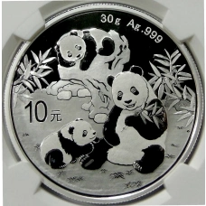 Монета 10 юаней 2025 года  Китай  «Панда» (в слабе NGC MS 70) (аверс)