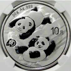 Монета 10 юаней 2022 года Китай «Панда — 40 лет чеканке монет с изображением Панды» (в слабе NGC MS 70) (аверс)