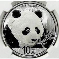 Монета 10 юаней 2018 года Китай «Панда» (в слабе NGC MS 70) (аверс)