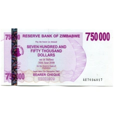 Банкнота 750000 долларов 2007 года Зимбабве