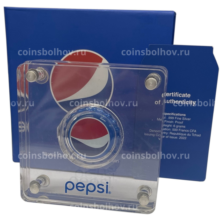 Монета 500 франков 2022 года Чад «Pepsi Cola» (без логотипа, в коробке) (вид 3)
