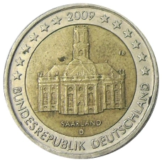 Монета 2 евро 2009 года D Германия «Федеральные земли Германии —Церковь Людвига в Саарбрюккен Саар» (аверс)