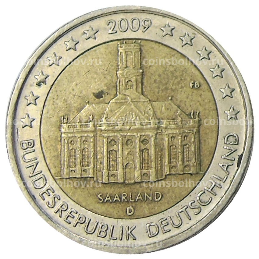 Монета 2 евро 2009 года D Германия «Федеральные земли Германии —Церковь Людвига в Саарбрюккен Саар»