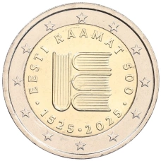 Монета 2 евро 2025 года Эстония «500-летие первого печатного текста на эстонском языке» (аверс)