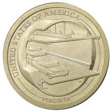 Монета 1 доллар 2021 года P США «Американские инновации — Мост-тоннель через Чесапикский залив» (аверс)
