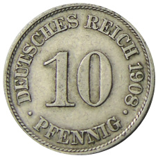 Монета 10 пфеннигов 1908 года А Германия (аверс)