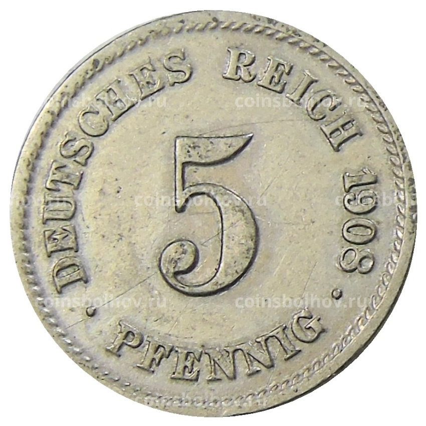 Монета 5 пфеннигов 1908 года G Германия