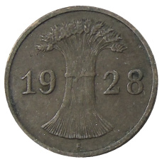Монета 1 рейхспфенниг 1928 года F Германия (аверс)