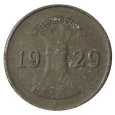 Монета 1 рейхспфенниг 1929 года A Германия (аверс)