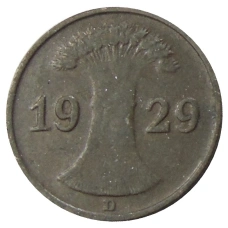 Монета 1 рейхспфенниг 1929 года D Германия (аверс)