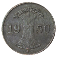 Монета 1 рейхспфенниг 1930 года A Германия (аверс)