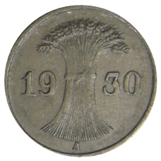 Монета 1 рейхспфенниг 1930 года A Германия (аверс)