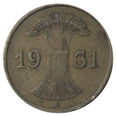 Монета 1 рейхспфенниг 1931 года A Германия (аверс)
