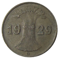 Монета 1 рейхспфенниг 1929 года D Германия (аверс)