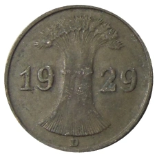 Монета 1 рейхспфенниг 1929 года D Германия (аверс)