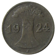 Монета 1 рейхспфенниг 1924 года J Германия (аверс)