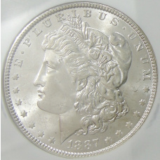 Монета 1 доллар 1887 года США «Доллар Моргана» (в слабе NGC MS 64) (аверс)