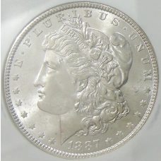Монета 1 доллар 1887 года США «Доллар Моргана» (в слабе NGC MS 64) (аверс)