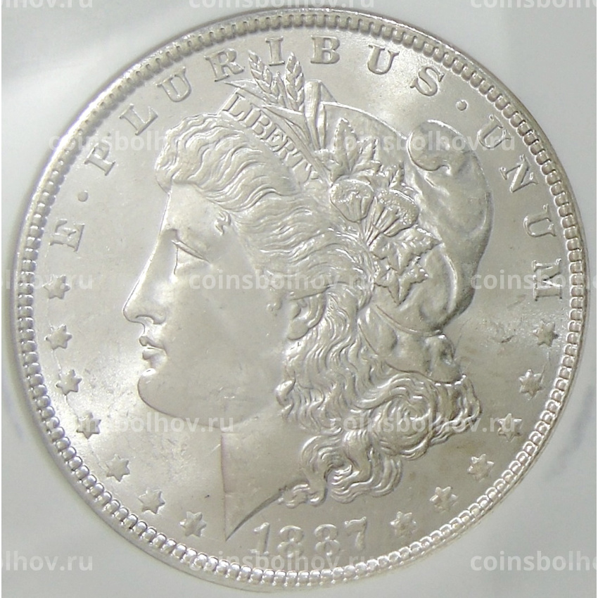 Монета 1 доллар 1887 года США «Доллар Моргана» (в слабе NGC MS 64)